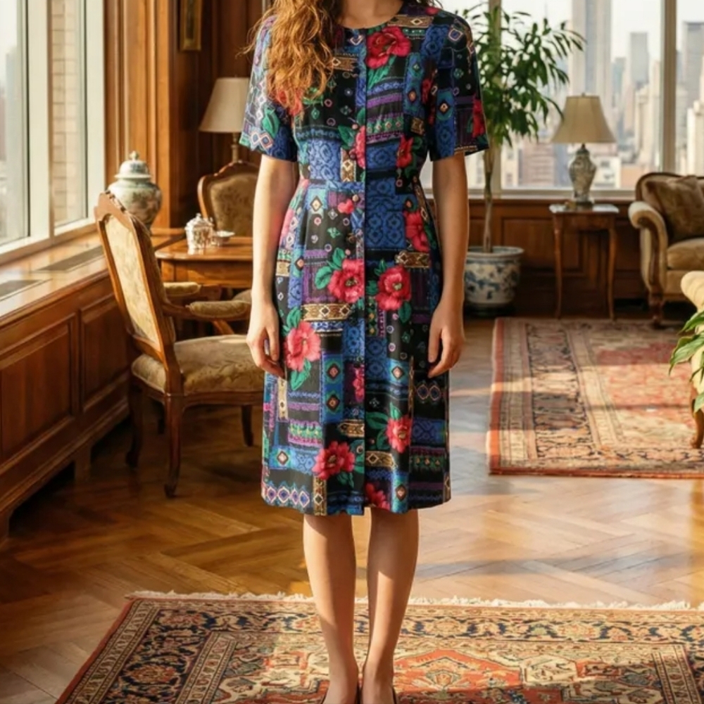 Vintage 80s Tribal Floral Print Button Down Shirt Dress size 16WP